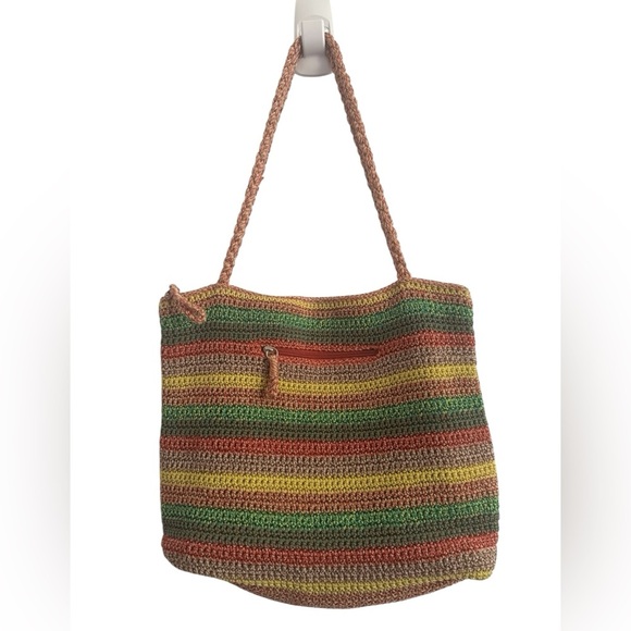 The Sak Belle Crochet Tote Striped Multicolor Boho Hippie Hobo Striped Knit Bag - Picture 13 of 13